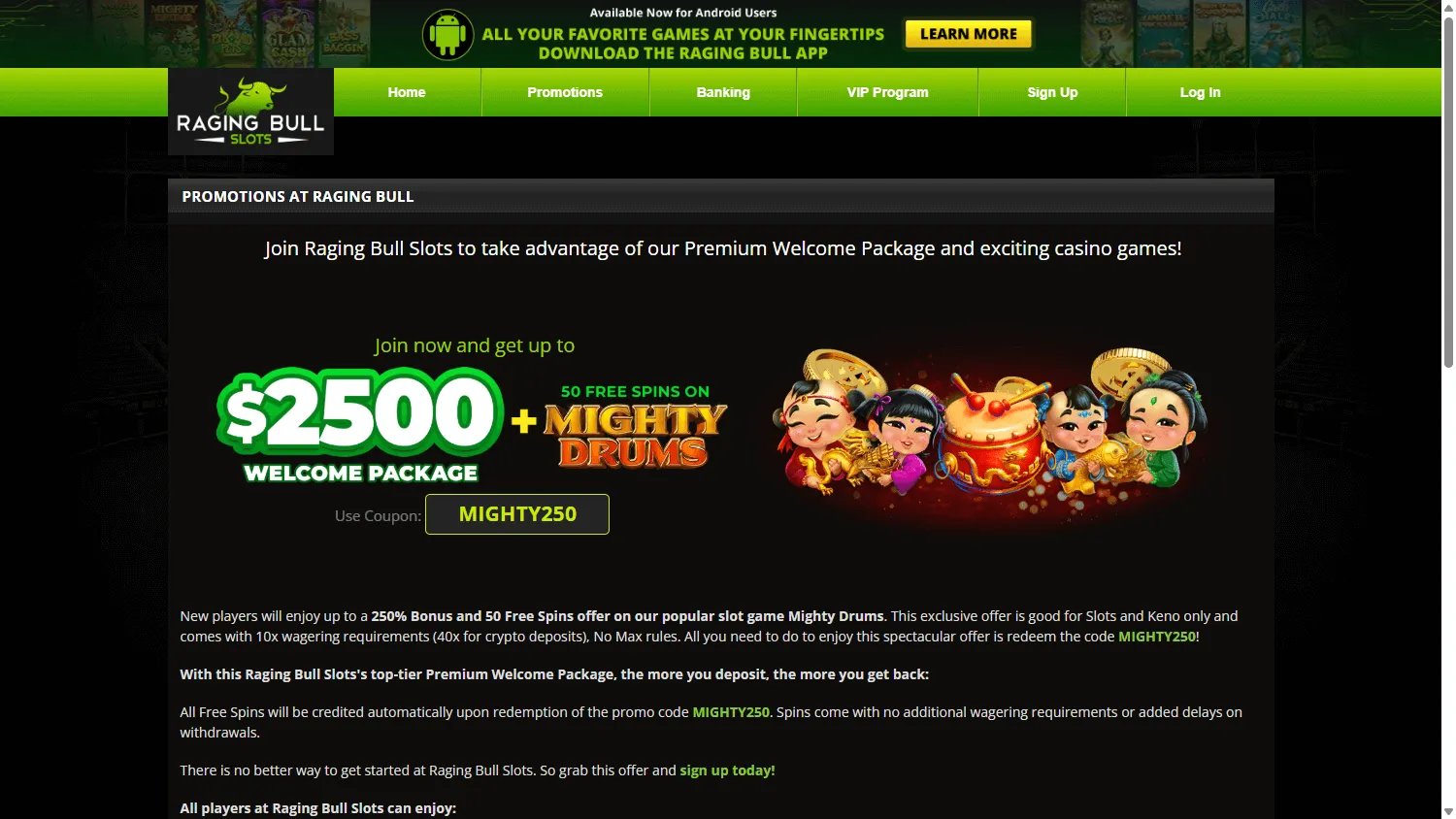 Raging Bull Casino welcome promotions on desktop