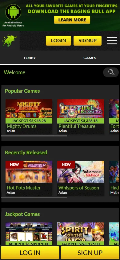 Raging Bull Casino mobile game selection