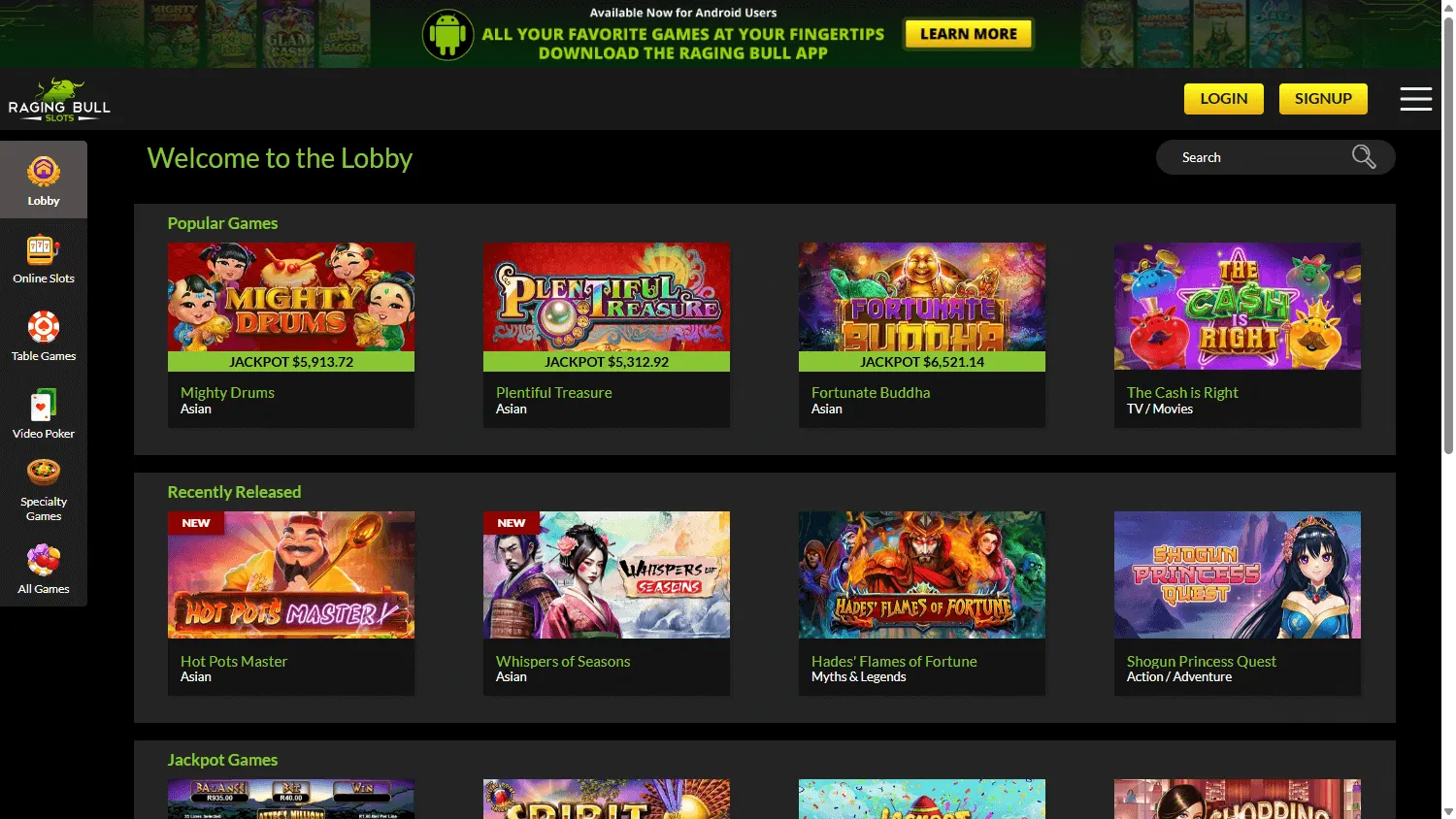 Featured RealTime Gaming titles at Raging Bull Casino on desktop